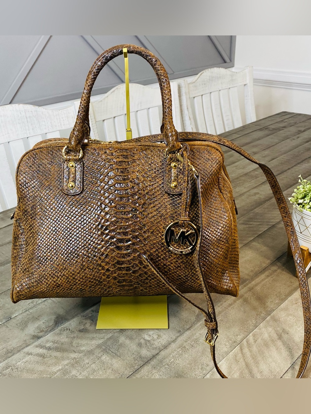 Michael Kors Python Embossed Brown Leather Satchel Crossbody Handbag MK Charm